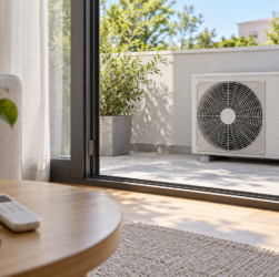 Unità esterna di un climatizzatore vista da una porta finestra con griglia e carcassa integre