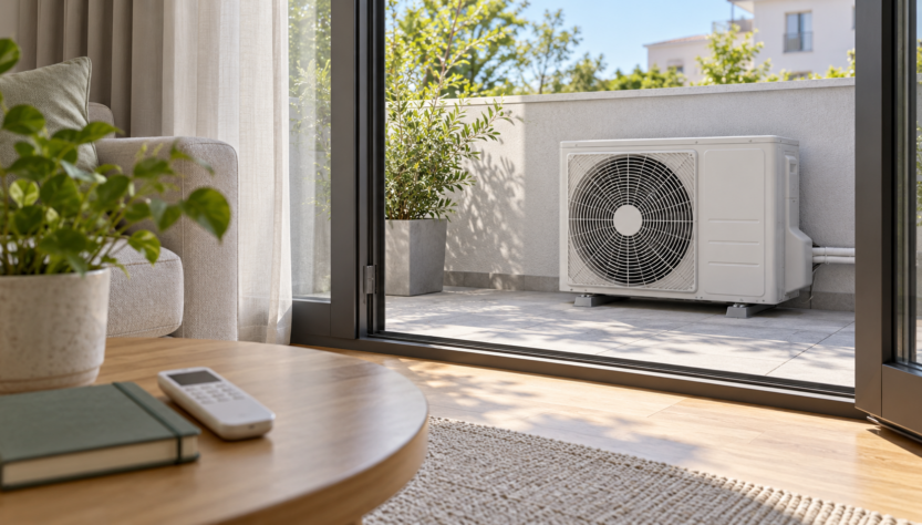 Unità esterna di un climatizzatore vista da una porta finestra con griglia e carcassa integre