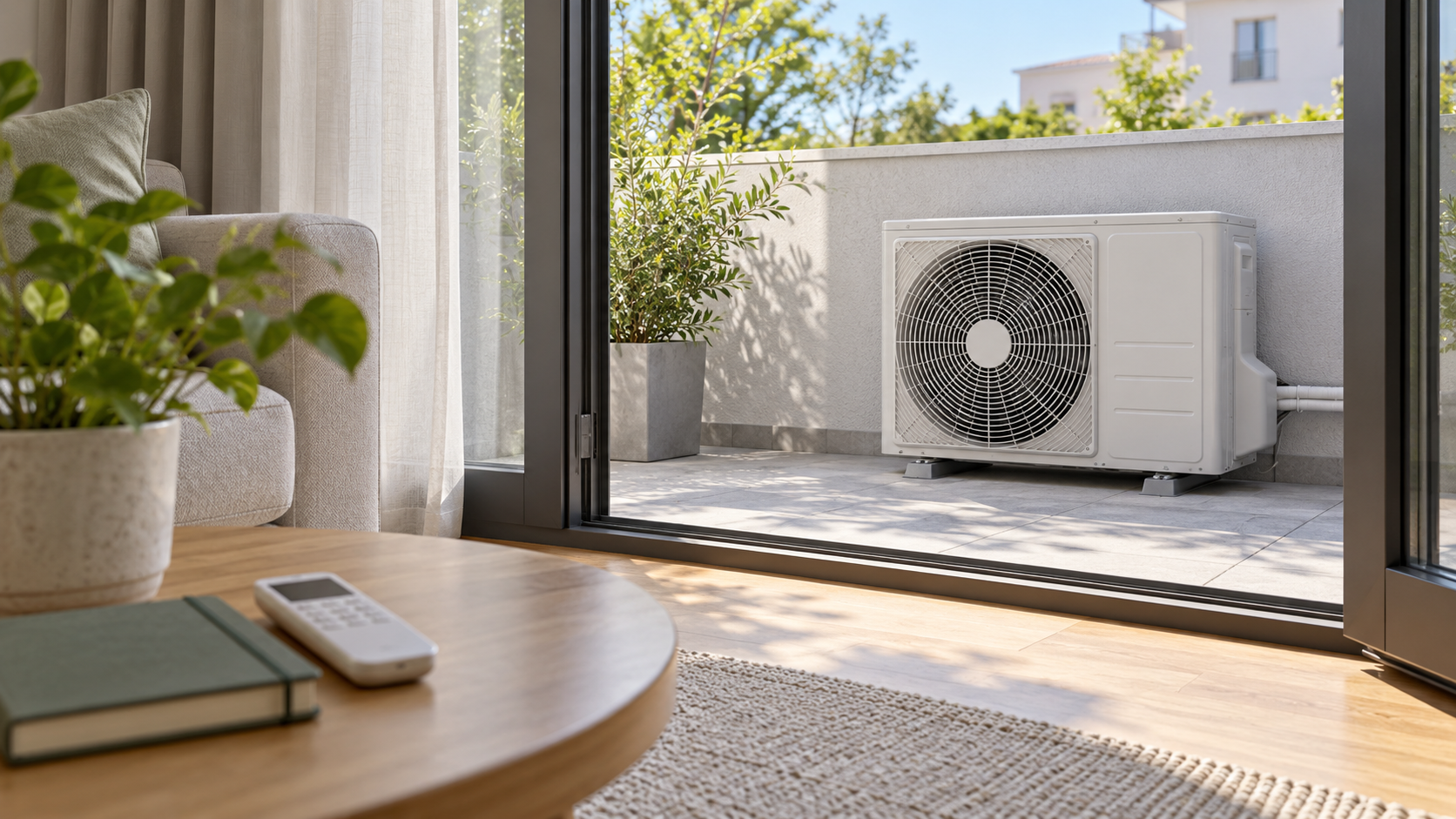 Unità esterna di un climatizzatore vista da una porta finestra con griglia e carcassa integre