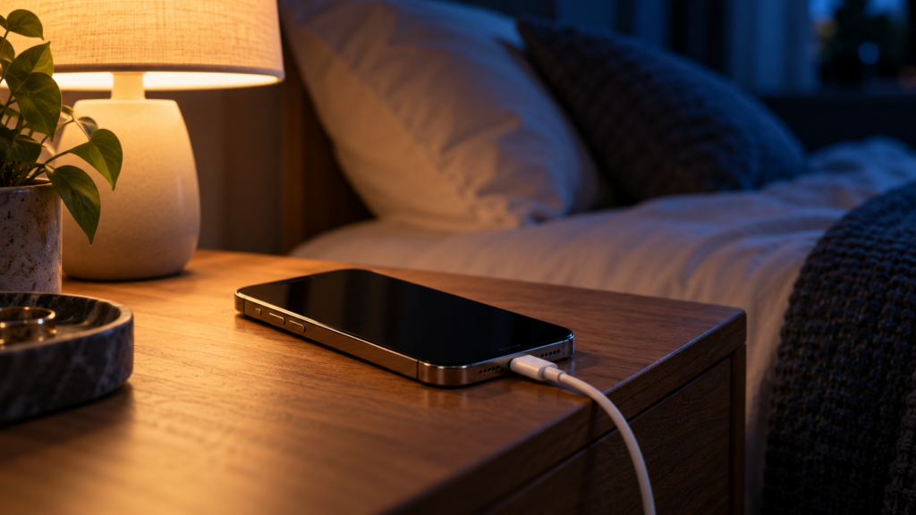 Smartphone collegato al cavo di ricarica su un comodino illuminato da una lampada durante la notte
