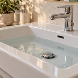 Lavabo bianco parzialmente pieno d’acqua con apertura del troppopieno visibile e rubinetto chiuso