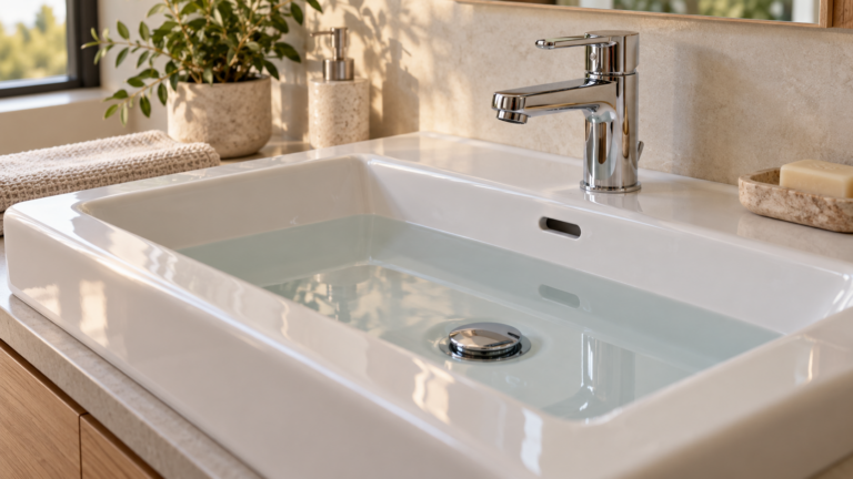 Lavabo bianco parzialmente pieno d’acqua con apertura del troppopieno visibile e rubinetto chiuso